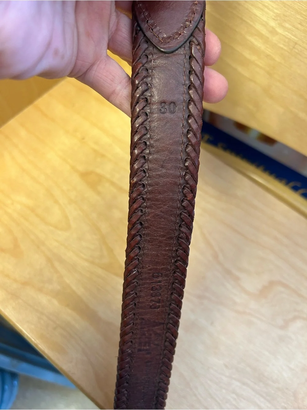 REI Size 30 Brown Full Grain Leather Belt With Padded Plaid Canvas Brass Buckle
